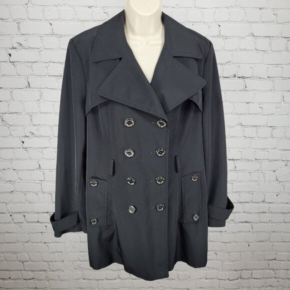 Calvin Klein Black Double Breasted Buttoned Rain Coat Jacket Peacoat Large L - Picture 1 of 16